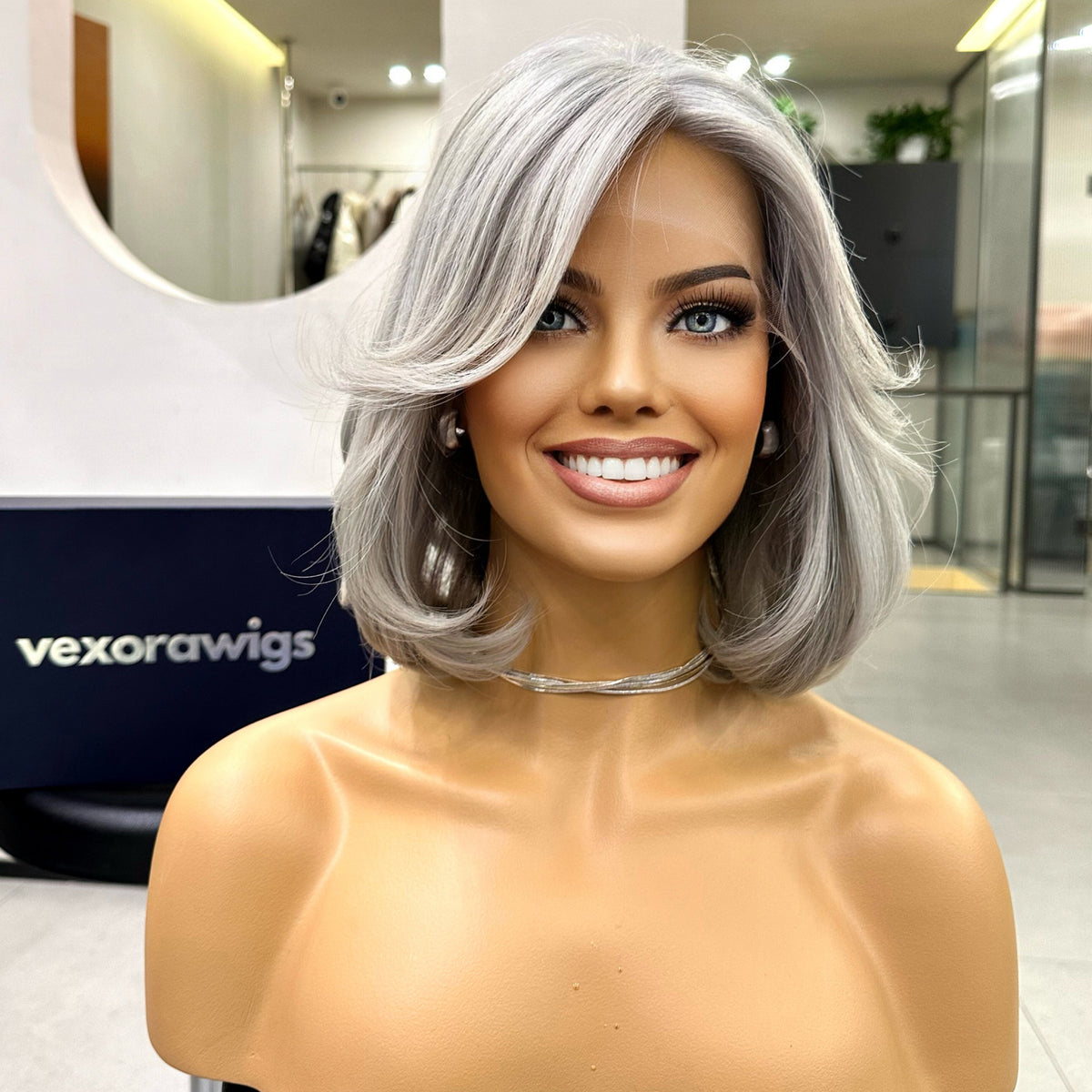 Colette 15-18 inch Silver Salt Pepper human hair wig bob cut natural grey blend VexoraWigs