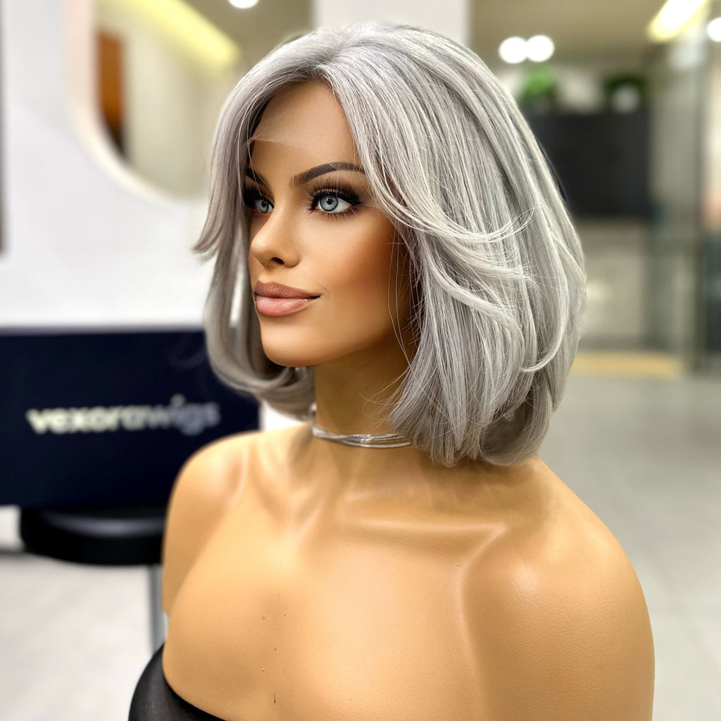 Colette wig mannequin front view silver salt pepper color dimensional grey tones