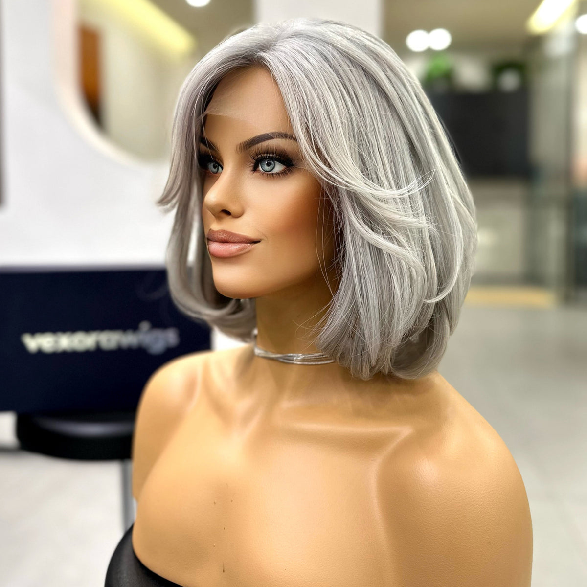 Colette wig mannequin front view silver salt pepper color dimensional grey tones